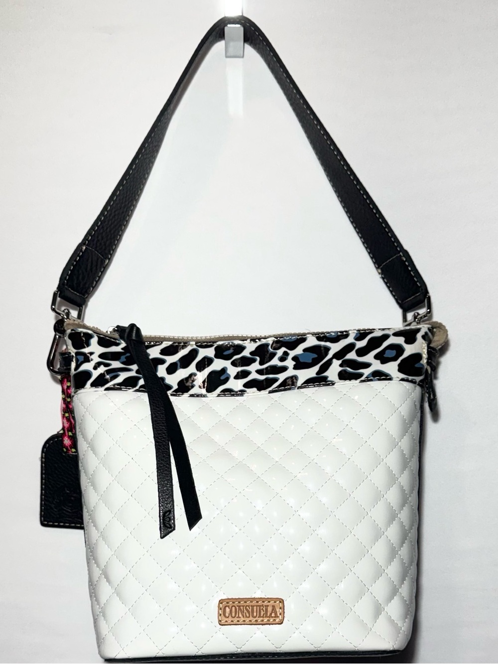 **Consuela NWOT**White Quilted Shoulder Bag with Blue/Black Leopard Trim